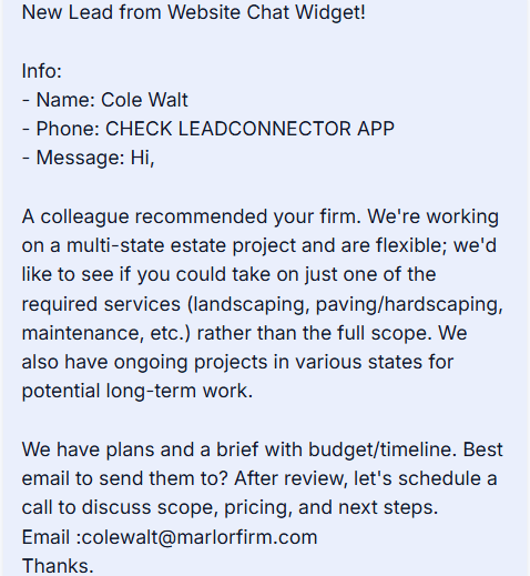 Website chat lead asking about a multi-state estate landscaping and hardscaping project
