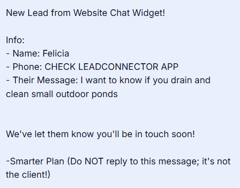 Website chat lead asking about draining and cleaning outdoor ponds