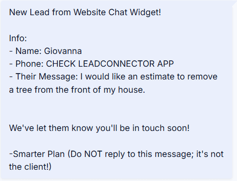 Website chat lead requesting an estimate for tree removal